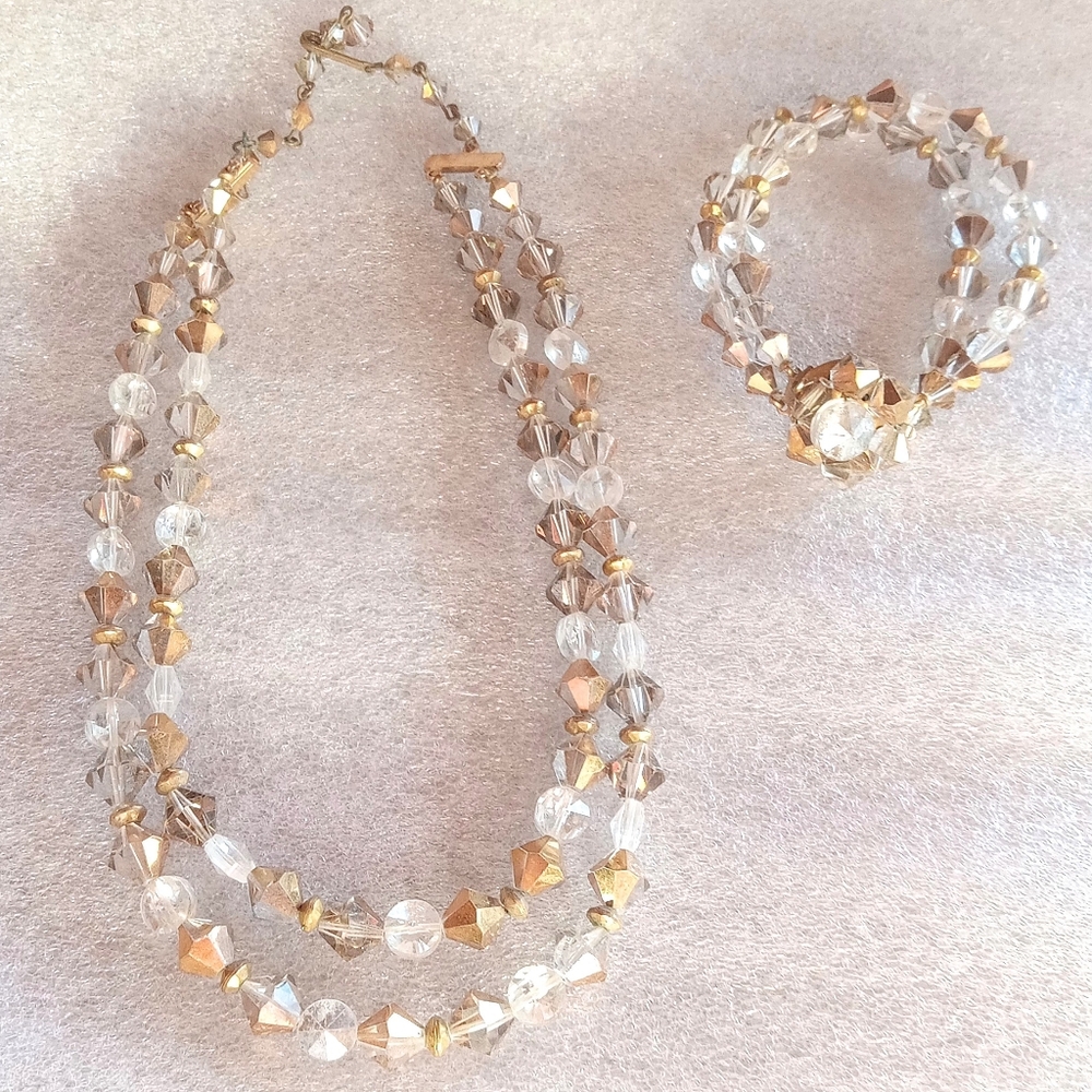Aurora Borealis Beaded Necklace-Vintage Double Strand Necklace & Bracelet Set